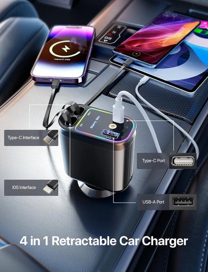 4 in 1 Retractable Car Charger with Starlight Roof Light
