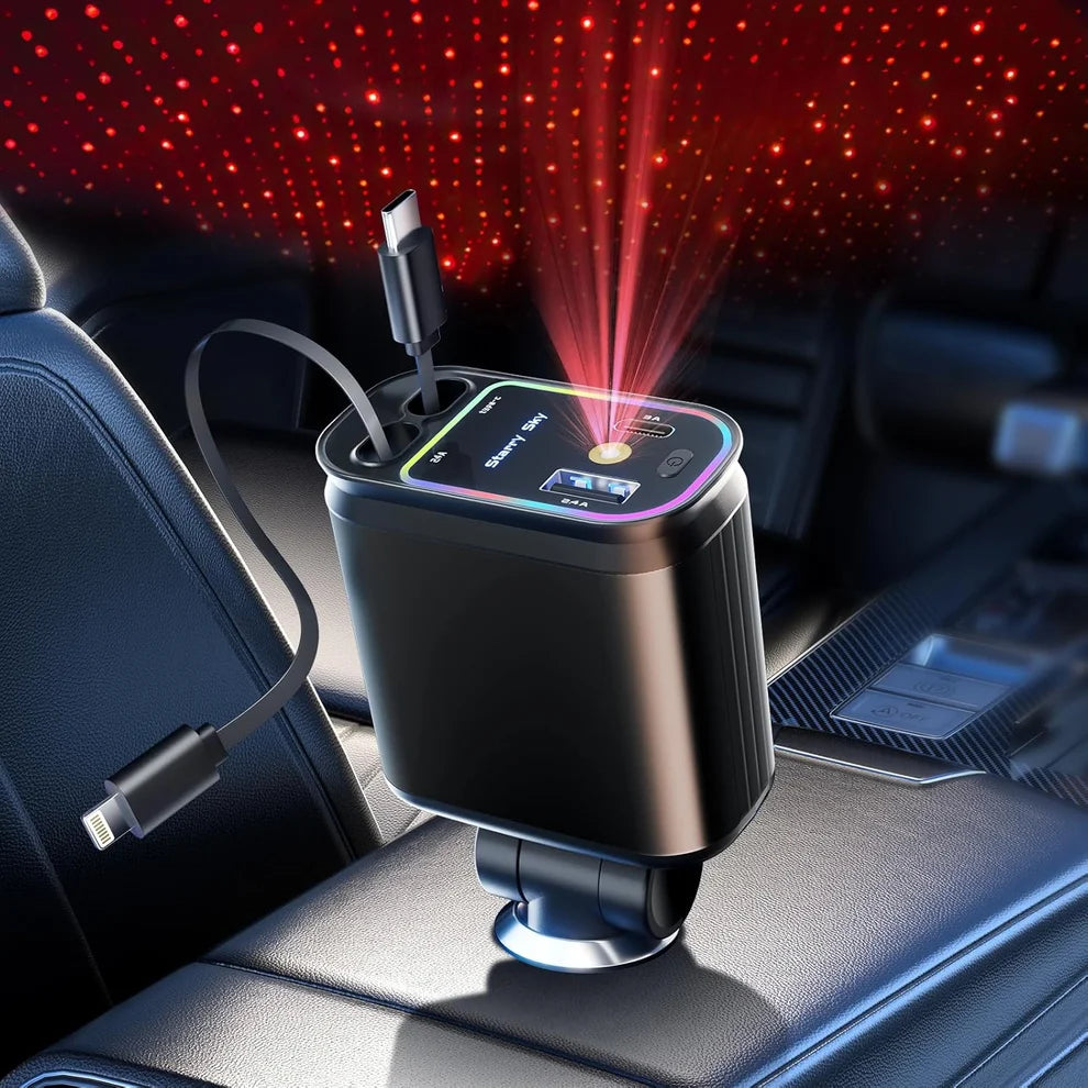 4 in 1 Retractable Car Charger with Starlight Roof Light