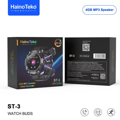 Haino Teko ST-3 Watch Buds – AMOLED Smartwatch with 4 GB MP3 Speaker & Built-in Earbuds | Fitness Tracker, Voice Recorder & BT Calling