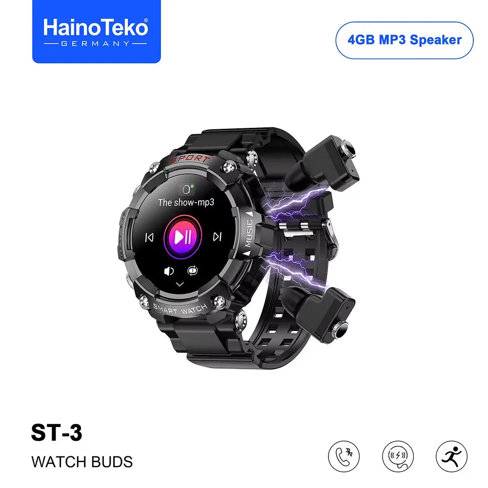 Haino Teko ST-3 Watch Buds – AMOLED Smartwatch with 4 GB MP3 Speaker & Built-in Earbuds | Fitness Tracker, Voice Recorder & BT Calling