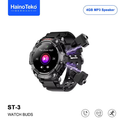 Haino Teko ST-3 Watch Buds – AMOLED Smartwatch with 4 GB MP3 Speaker & Built-in Earbuds | Fitness Tracker, Voice Recorder & BT Calling