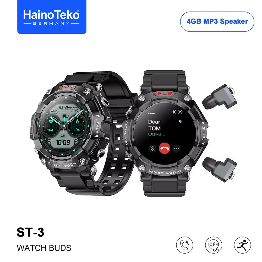 Haino Teko ST-3 Watch Buds – AMOLED Smartwatch with 4 GB MP3 Speaker & Built-in Earbuds | Fitness Tracker, Voice Recorder & BT Calling