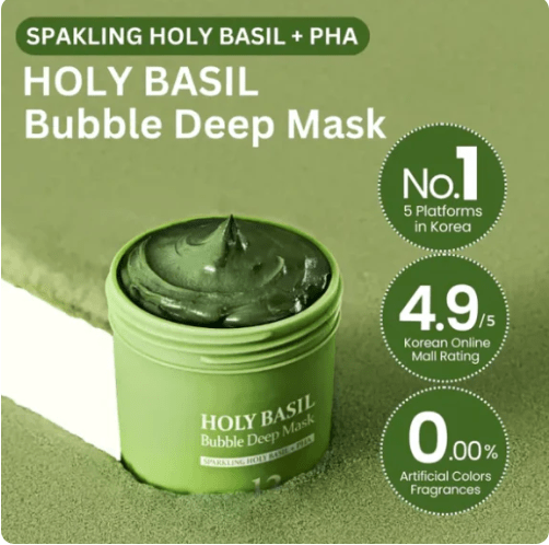 Woman applying bubble mask to her face in bathroom mirror